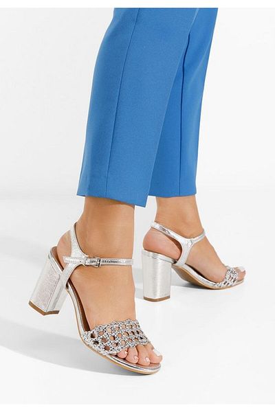 B T Shoes Sandale elegante cu toc gros Keys V2 argintii