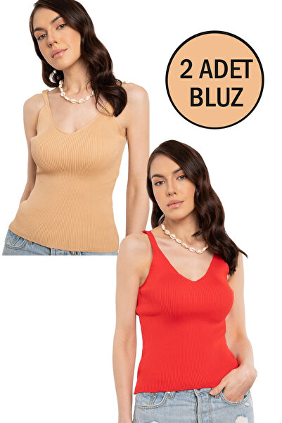 AQE FASHION 2 li Set İp Askılı Yazlık Bluz
