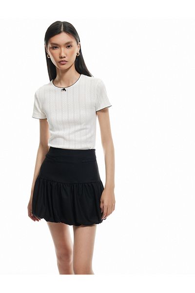 Koton Cotton Color Contrast Bow Slim Crew Neck Short Sleeve T-Shirt