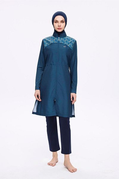 Nehar Shoulder Area Patterned Petrol Blue 3 Piece Woven Full Hijab Swimsuit Set 2276