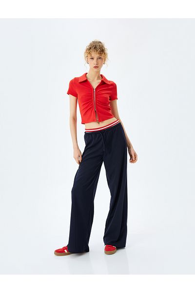 Koton Zipper Detailed Slim Fit Draped Short Sleeve Crop T-Shirt