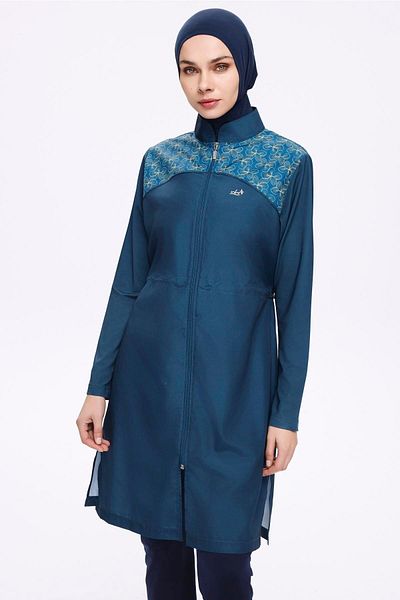 Nehar Shoulder Area Patterned Petrol Blue 3 Piece Woven Full Hijab Swimsuit Set 2276