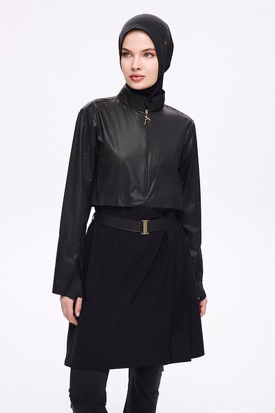 Haşema Belt Buckle Detailed Textured Fabric Black 5 Piece Full Hijab Swimsuit Set 5027