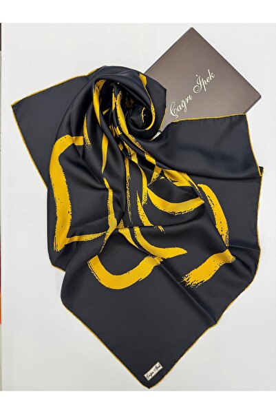 Çağrı İpek Çağrı Іpek Одноквітковий шовковий шарф 18032025-Чорний Золотий