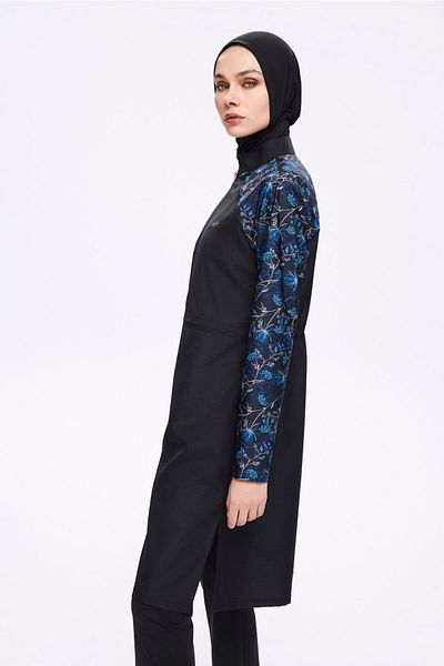 Nehar Black with Blue Patterned Sleeves 3 Piece Woven Full Hijab Swimsuit Set 2278