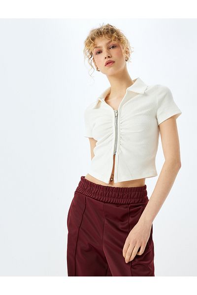 Koton Zipper Detailed Slim Fit Draped Short Sleeve Crop T-Shirt