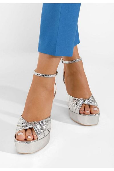 B T Shoes Sandale cu toc gros si platforma Khloe argintii