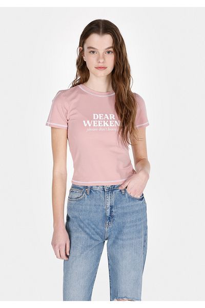 Colin's Slim Fit Round Neck Printed Women's Pink Short Sleeve T-Shirt