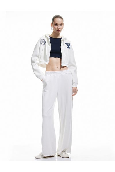 Koton Yale Licensed Printed Zippered Pocket Ribbon Hooded Crop Sweatshirt