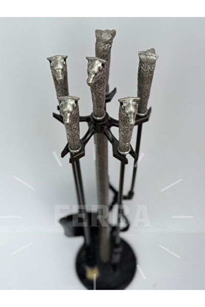 FERBA Antik Gümüş Kurt Başlı Şömine Maşa Takımı