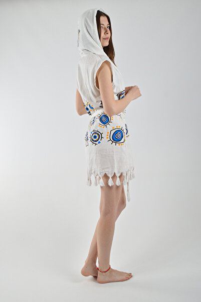 REİNA TEKS Hooded Pareo with Sashes Beachwear - Evil Eye Beaded Eye Pattern Beachwear 1Pcs