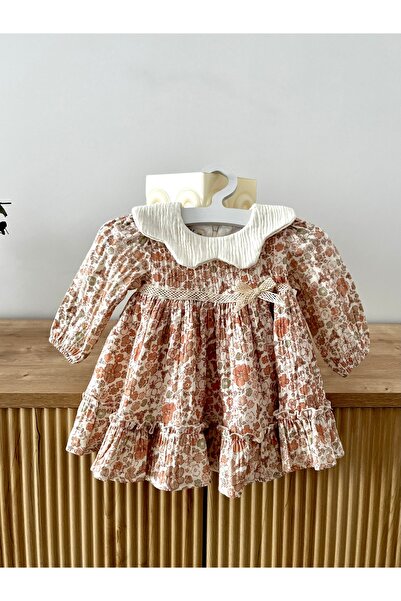 Baby Berry Baby store Kız Bebek Çiçek Desenli Fırfırlı Uzun Kol Müslin Elbise