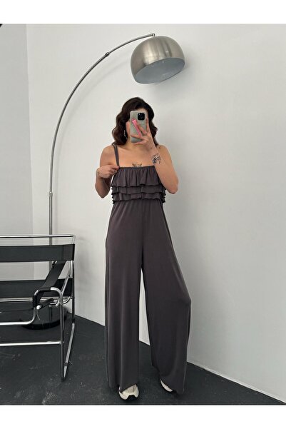 OYKUWEAR Kelly Antrasit Fırfır Detay Askılı Tulum