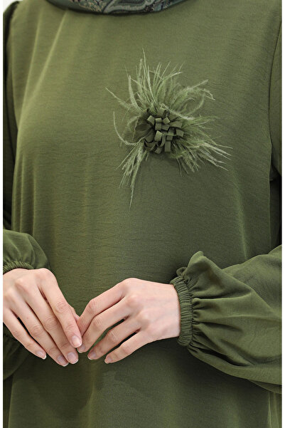 sefamerve Broş Detaylı Elbise 0017-04 Haki