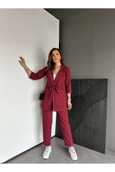EGZOTİK ASORTİK Women's Skinny Leg Trousers with Tie Waist Jacket Linen Set