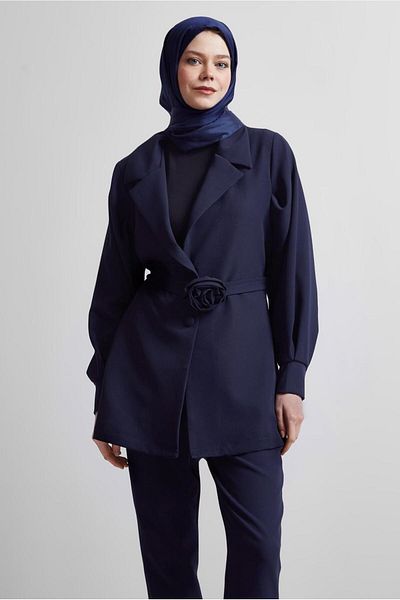 TRENDTESETTÜR Women's Navy Blue Belted Trousers Suit t 5816