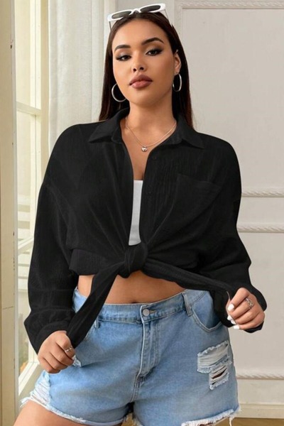 Trendseninle Women's Black Single Pocket Oversize Shirt