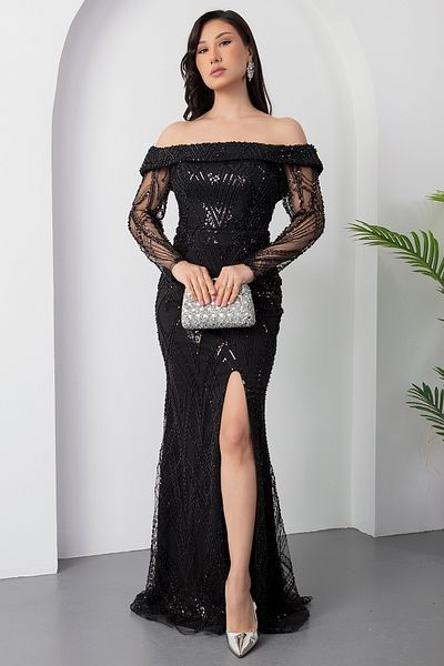 PULLIMM Sweetheart Neckline Long Sleeve Beaded Tulle Dress Ecr5497