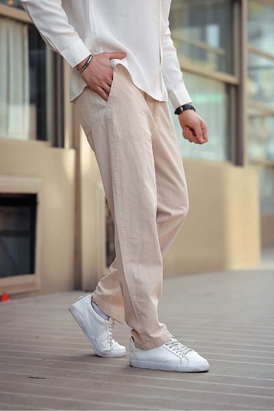 COMBİNE MİCHAİL Pantaloni relaxați pentru bărbați de culoare bej, amestec de in de vară