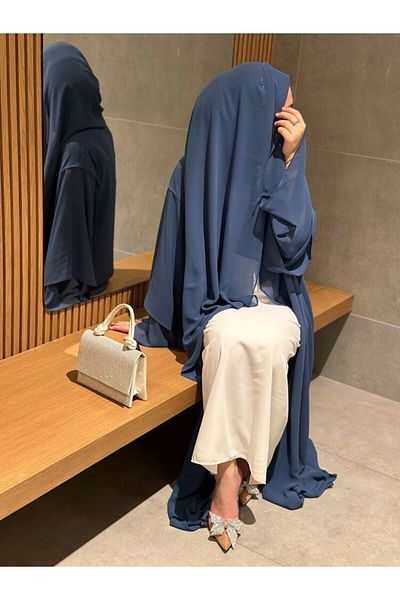 Uçan Fil Blue Evening Dress & Shawl Double Set