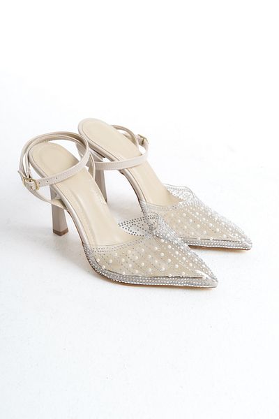 Entella Store Women's Beige Pearl Detailed Wedding Wedding Heeled Shoes