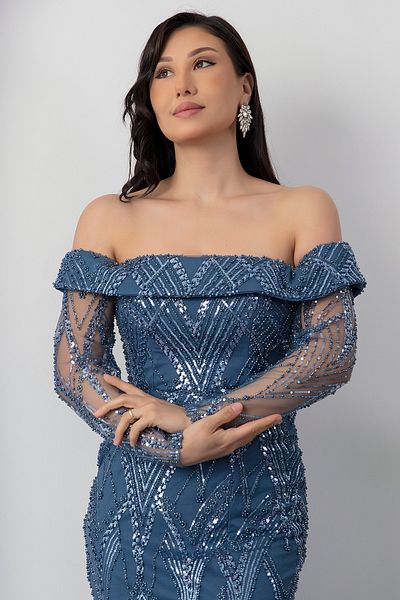PULLIMM Sweetheart Neckline Long Sleeve Beaded Tulle Dress Ecr5497