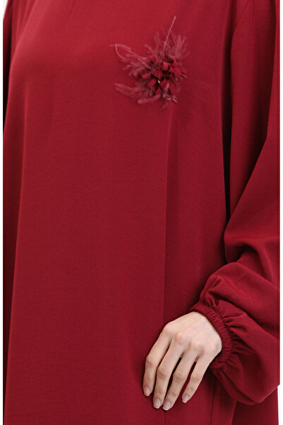 sefamerve Dress 0017-05 Burgundy Brooch Detailed