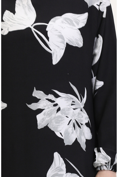 sefamerve Φόρεμα βισκόζης με σχέδια με λαστιχένια μανίκια 0016-04 Μαύρο Γκρι