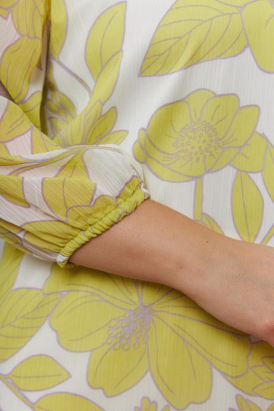 RMG Floral Patterned Sleeve Elastic Crew Neck Plus Size Chiffon Blouse Yellow