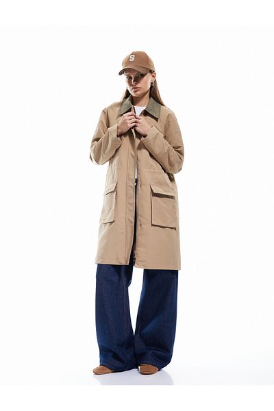 Koton Long Trench Coat with Zipper Pocket and Lapel Detail