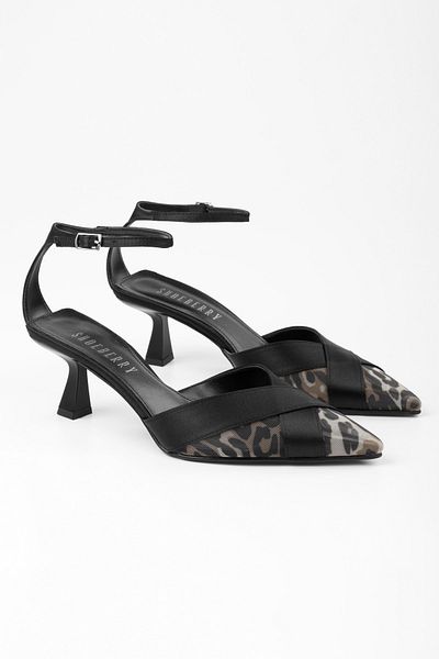 Shoeberry Women's Oira Black Leopard Patterned Satin Stiletto