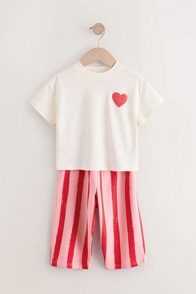 Monila Girl's Heart Pattern Cotton Tshirt and Striped Pants Bottom Top Set