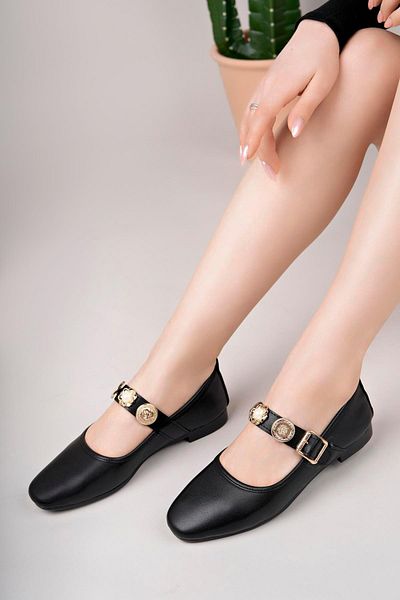 Aymood Pantofi de zi cu zi pentru balerină din piele neagră, cu cataramă, pantofi ușori, confortabili, reglabili