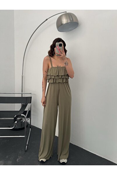 OYKUWEAR Kelly Haki Fırfır Detay Askılı Tulum