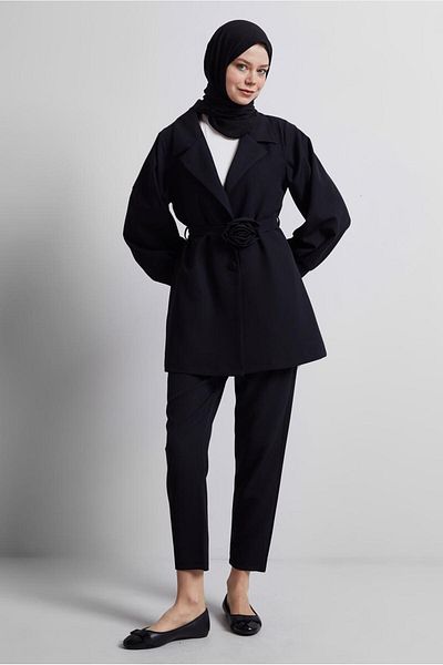TRENDTESETTÜR Women's Black Belted Trousers Suit T5816