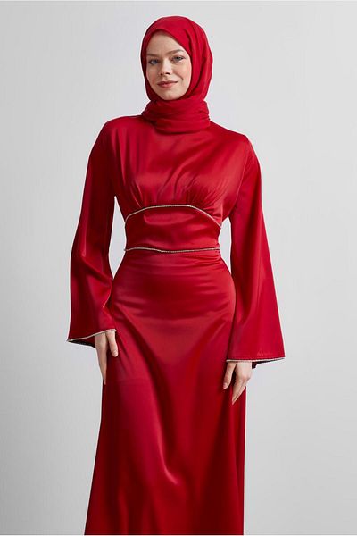 TRENDTESETTÜR Women's Red Satin Evening Dress t 9516