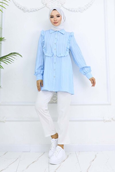 benguen Ruffle Detailed Self Patterned Shirt Baby Blue 2235