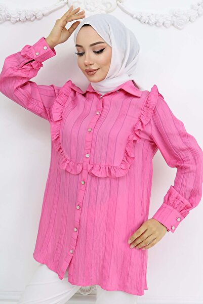 benguen Ruffle Detailed Self Patterned Shirt Fuchsia 2235