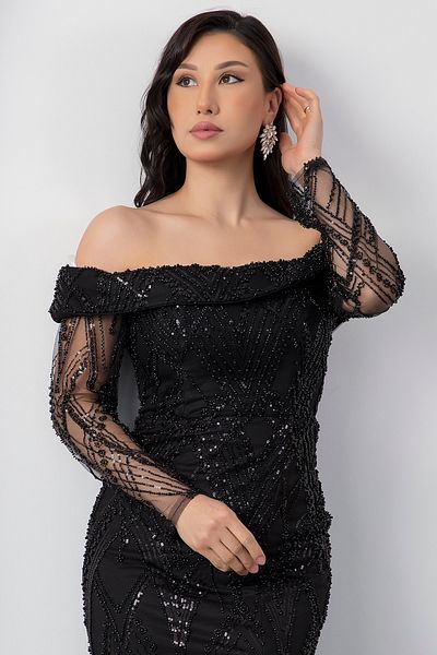 PULLIMM Sweetheart Neckline Long Sleeve Beaded Tulle Dress Ecr5497