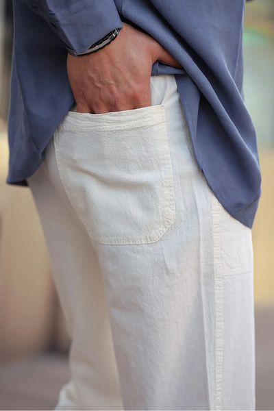 COMBİNE MİCHAİL Pantaloni relaxați pentru bărbați de culoare albă de vară în amestec de in - alb