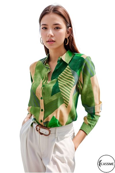 Cassime Cămașă de damă verde cu mânecă lungă din viscoză cu model geometric S-M-L-XL