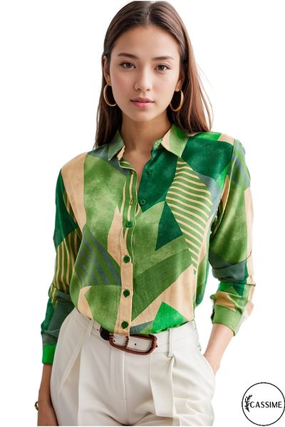 Cassime Cămașă de damă verde cu mânecă lungă din viscoză cu model geometric S-M-L-XL