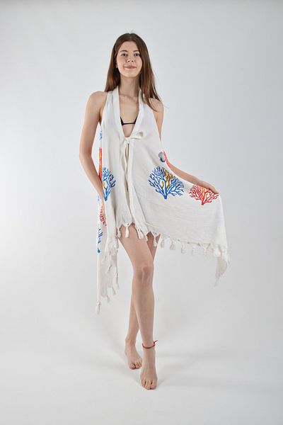 REİNA TEKS Asymmetrical Viscon Bell Vest Mixed Coral Print Cotton Beachwear 1 Pc Pareo Beachwear