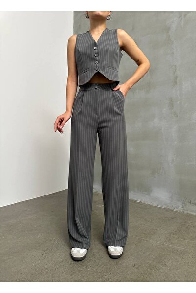 RAWEA FASHİON Kadın Astarlı Çizgili Yelek Palazzo Pantolon Alt Üst Takım