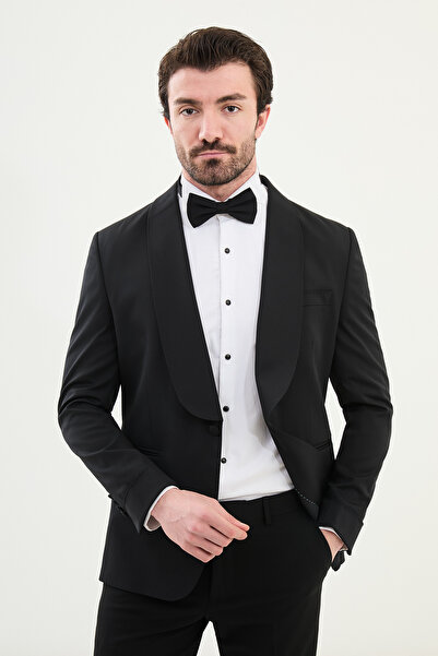 Mcr Düz Slim Fit Şal Yaka Erkek Damatlık Siyah - 45375.25Y