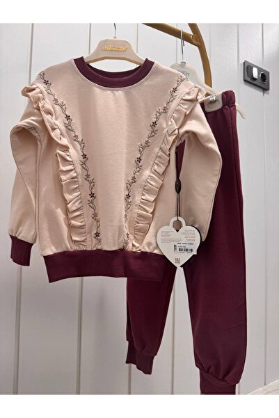 Butik Girl's Ruffle Detailed Bottom and Top Set (Burgundy Color)