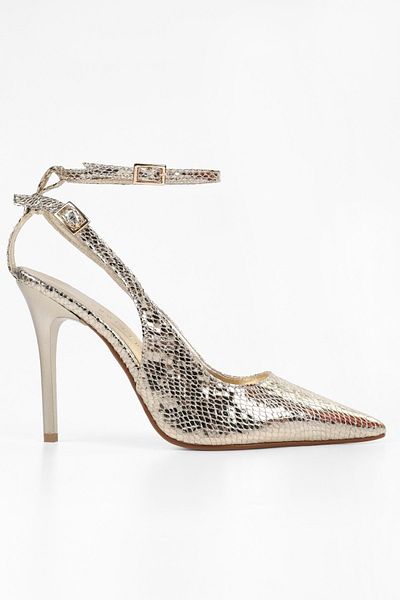 Shoeberry Damen-Stiletto mit Mila-Gold-Schlangenmuster und Gürtel am Knöchel