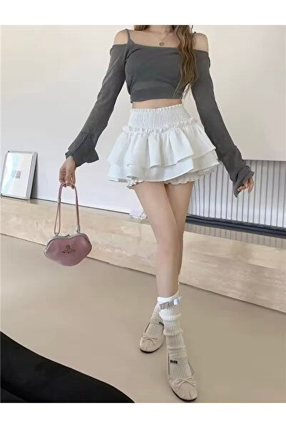 DarkellaStore Fusta cu volane albe Lolita Harajuku cu pantaloni scurți franjurați