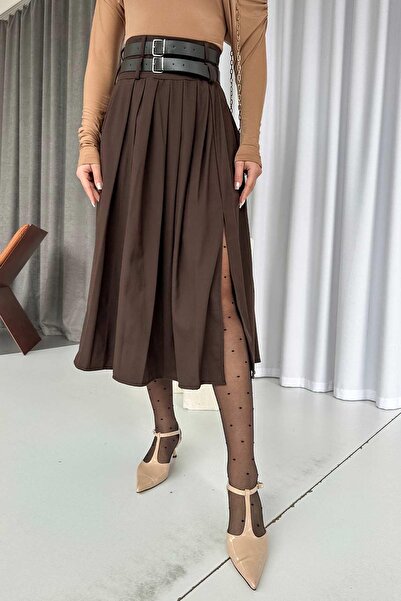 Mine Tan Butik Double Belted Women's Skirt with Slit Detail - Brown
