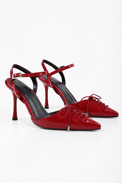 Shoeberry Women's Zenya Red Patent Leather Lace-Up Bow Detailed Heeled Stiletto